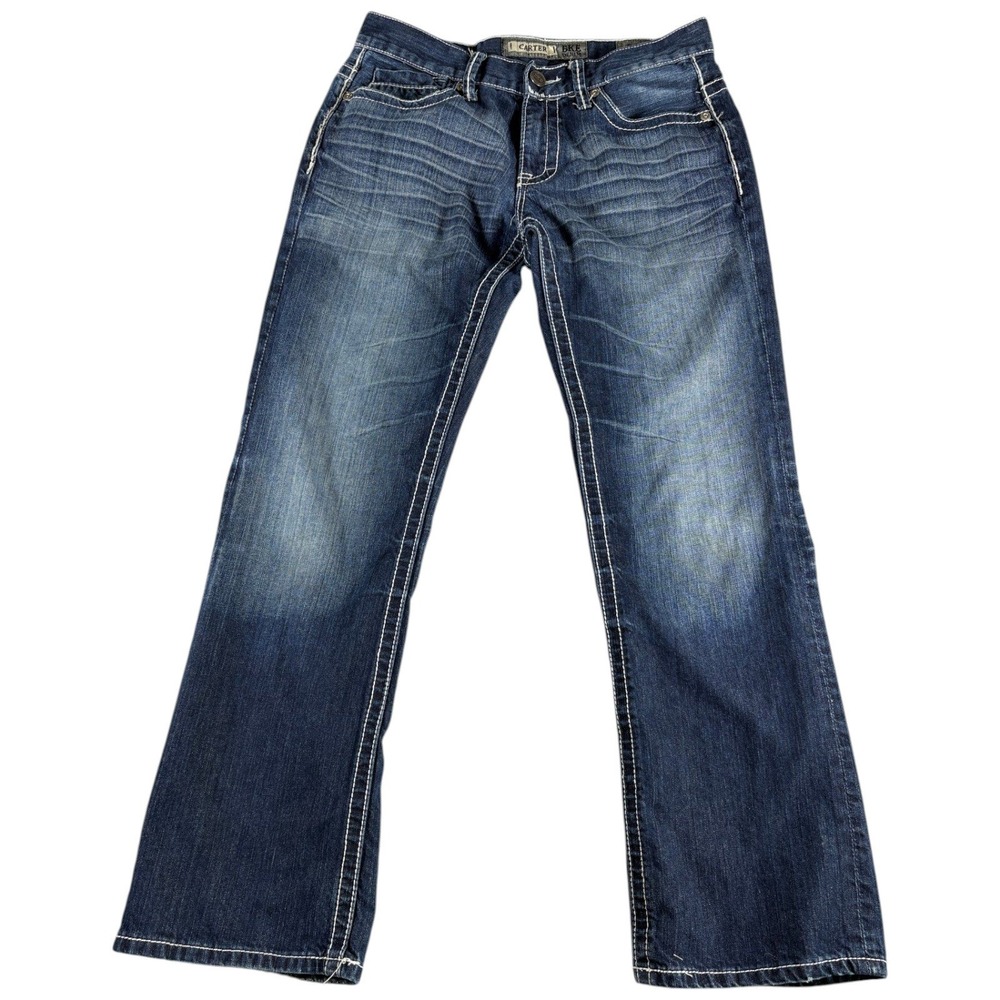 BKE Buckle Carter Jeans Mens 31R Dark Blue Bootcut Western Thick Stitch Western